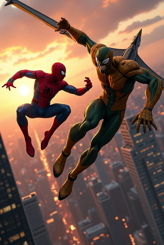 Create an image of Spiderman fighting the Orange Goblin on the glider