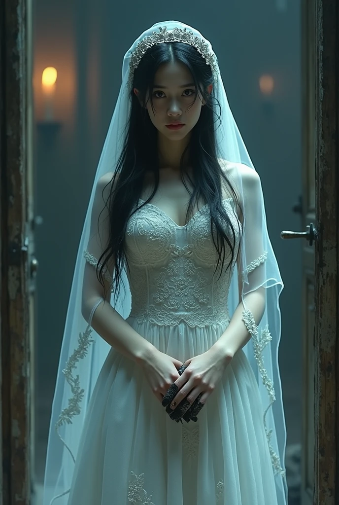 Photo realism, bride hearing, door, sad candlelight, running, long black calluses, tears in the eyes pain. Dark Long Hair, High Resolution, Tears, Side View, Blurred, Impressionism, 3D Rendering, Art Nouveau, Apocalypse, Artistic, Cinematic, Character Design, Sombra projetada,