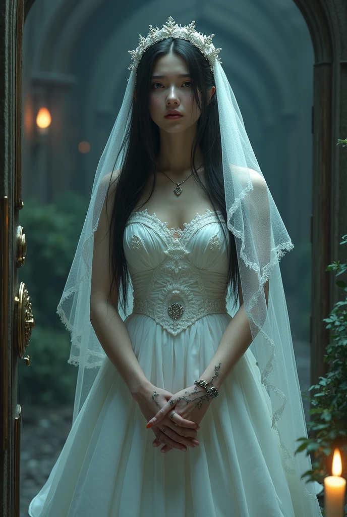 Photo realism, bride hearing, door, sad candlelight, running, long black calluses, tears in the eyes pain. Dark Long Hair, High Resolution, Tears, Side View, Blurred, Impressionism, 3D Rendering, Art Nouveau, Apocalypse, Artistic, Cinematic, Character Design, Sombra projetada, 