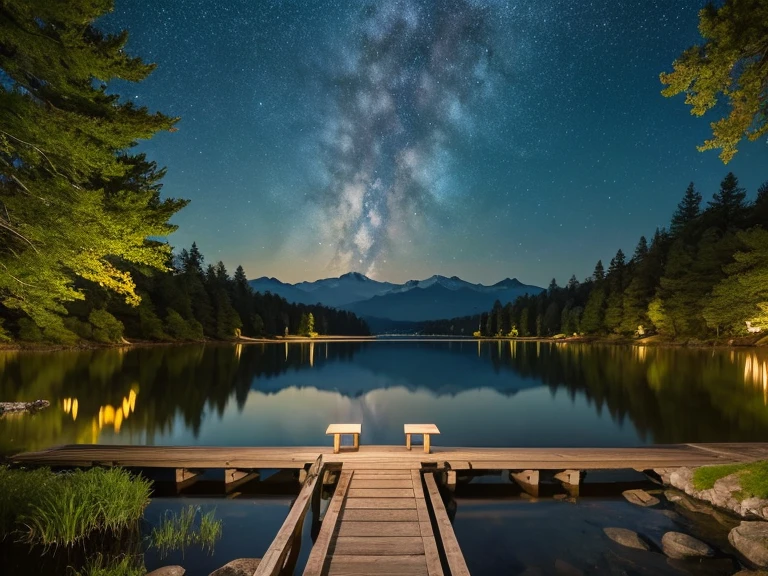 "Create a serene and professional image featuring a tranquil natural landscape with a calm lake, dense forest, and a starry night sky. The text, written in Japanese, should read: In harmony with nature、Deep consulting guided by wisdom and sensitivity'. Use elegant, modern typography that blends harmoniously with the natural elements. The overall color palette should be soft and muted, with blues and greens to evoke trust, calmness, and a deep connection to nature."