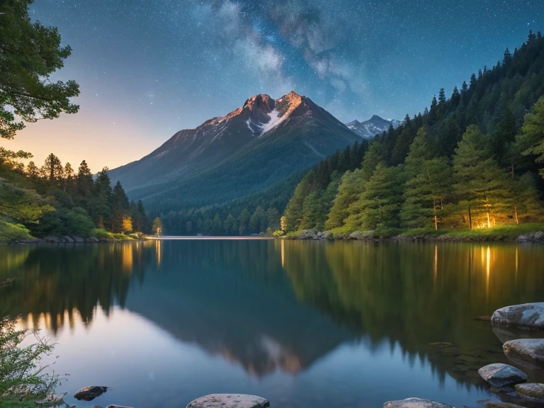 "Create a serene and professional image featuring a tranquil natural landscape with a calm lake, dense forest, and a starry night sky. The text, written in Japanese, should read: In harmony with nature、Deep consulting guided by wisdom and sensitivity&#39;. Use elegant, modern typography that blends harmoniously with the natural elements. The overall color palette should be soft and muted, with blues and greens to evoke trust, calmness, and a deep connection to nature."