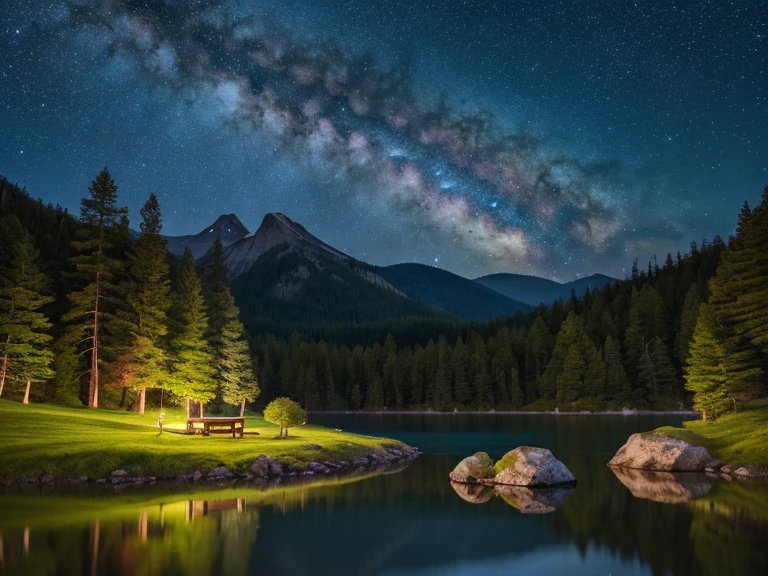 "Create a serene and professional image featuring a tranquil natural landscape with a calm lake, dense forest, and a starry night sky. The text, written in Japanese, should read: In harmony with nature、Deep consulting guided by wisdom and sensitivity&#39;. Use elegant, modern typography that blends harmoniously with the natural elements. The overall color palette should be soft and muted, with blues and greens to evoke trust, calmness, and a deep connection to nature."
