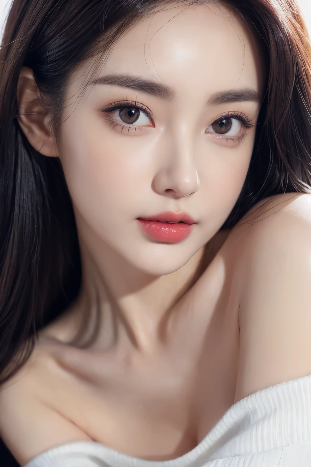 a woman, beautiful, amazing face and eyes, cosmetic, red glossy lips, (Extremely detailed beautiful face), (The sexiest look), (best quality), (Super detailed), (Extremely detailed CG unified 8k wallpaper),original photo, Professional photography, (standing), (pure white background),(black hair),(big eyes),(Soft light source),(A little cleavage),(Off-the-shoulder shirt),(shorts)
