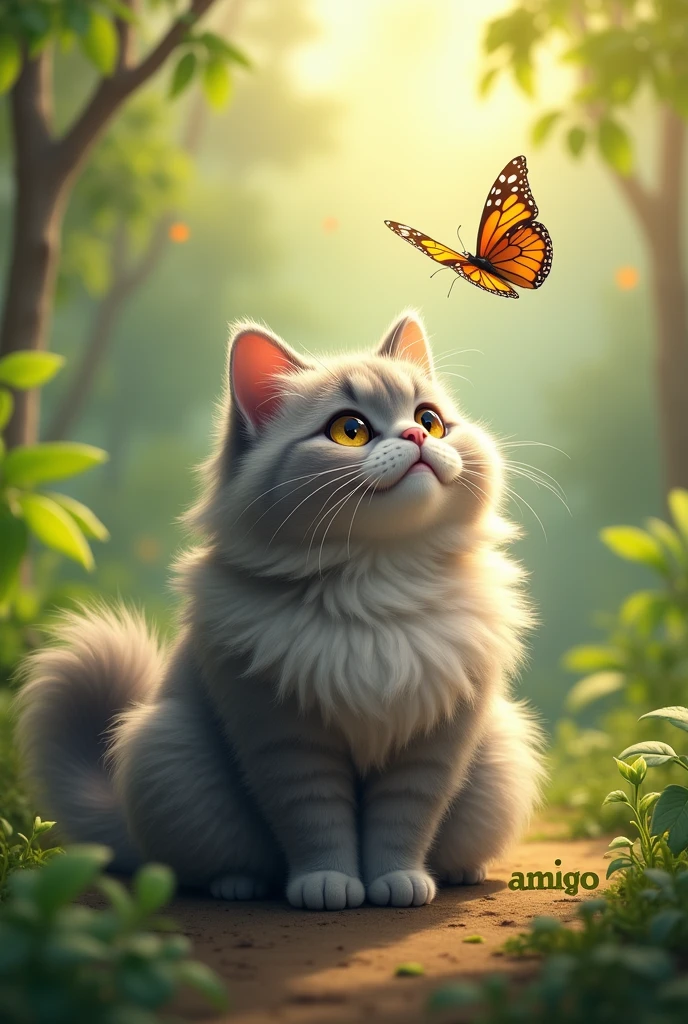 A friendly natural environment. In the middle sits a beautiful fat grey Persian cat with long fur and amber eyes. He looks up at a butterfly. Below him is the word Amigo in large letters 