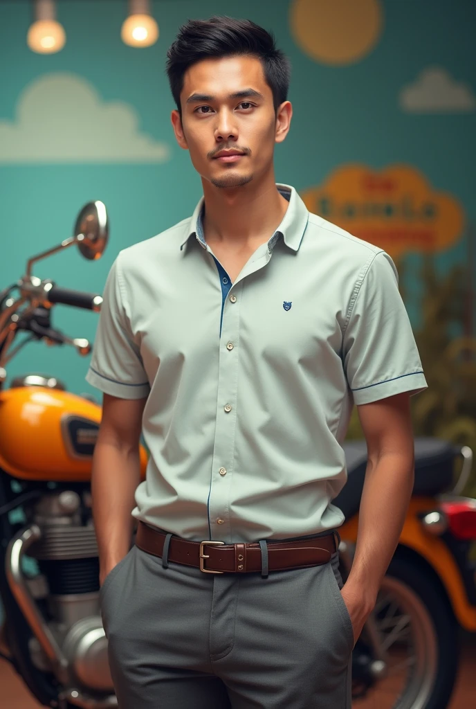 Create a realistic portrait of a 2 man with black hair styled in a simple , brown eyes, wearing a formal polo shirt and formal gray pants. The person is posing for a professional photo with classic reborn model bullet bike background. The scene should be cheerful, with vibrant colors and imaginative elements that evoke a sense of wonder."