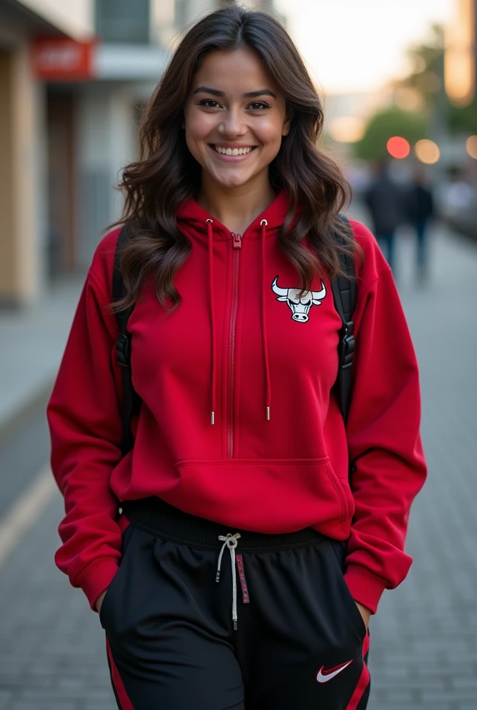 Female wearing Red and Black Chicago Bulls Jordan 23 logo hoodie sweatshirt, wearing NIKE track pants, 38-D cup big firm breasts, zippered till neck jacket, Nike brand, athletic body sexy , very attractive face, cute smile, full length photo, smiling cute, Kate Mara looking Indian cute female face, 34 years of age, looking at the camera straight, hands in pocket, Nikon Z8 + NIKKOR Z 24-120 mm f/4 S