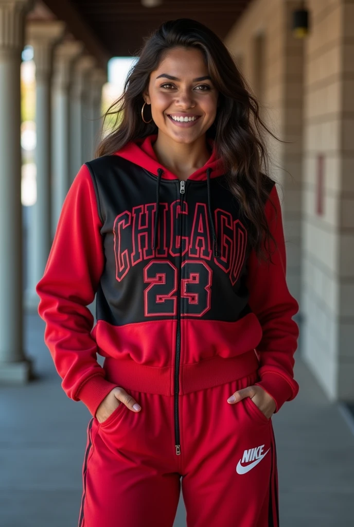 Female wearing Red and Black Chicago Bulls Jordan 23 logo hoodie sweatshirt, wearing NIKE track pants, 38-D cup big firm breasts, zippered till neck jacket, Nike brand, athletic body sexy , very attractive face, cute smile, full length photo, smiling cute, Kate Mara looking Indian cute female face, 34 years of age, looking at the camera straight, hands in pocket, Nikon Z8 + NIKKOR Z 24-120 mm f/4 S