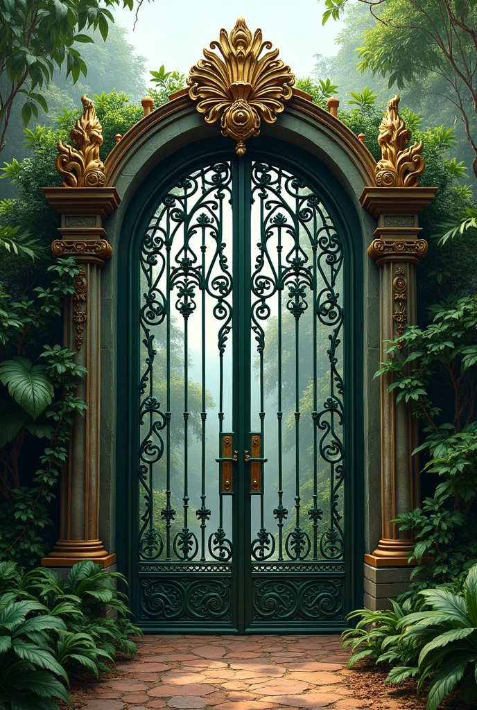 Large gate with wrought iron railings, rustic, Two-tone green and gold, with name in large at the top, with simple and elegant lettering, that refers to the Peruvian jungle