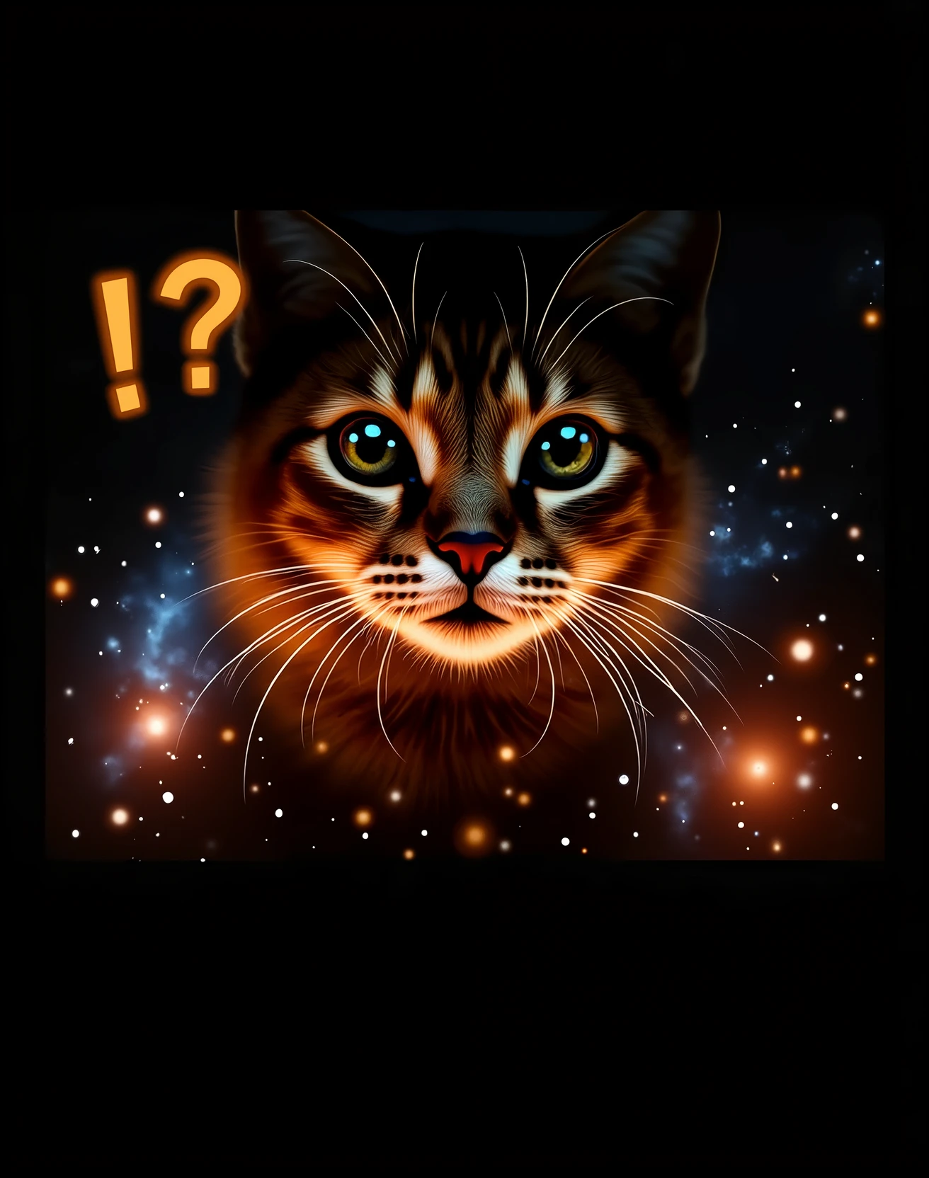 Close-up of a cat face, outer space in the background (stars and galaxies shining beautifully), space cat, large "!?" on the screen is written in large letters on the screen,