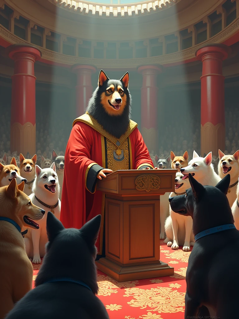 A great canine forum, dogs of various breeds are gathered in a circle. At the center, Genghis Gaf, a majestic dog, is standing beside a small podium. He looks quite determined. The dogs are attentive.
Genghis Gaf: (speech bubble) "dogs! We need to talk about the food shortage. It's time to innovate!”