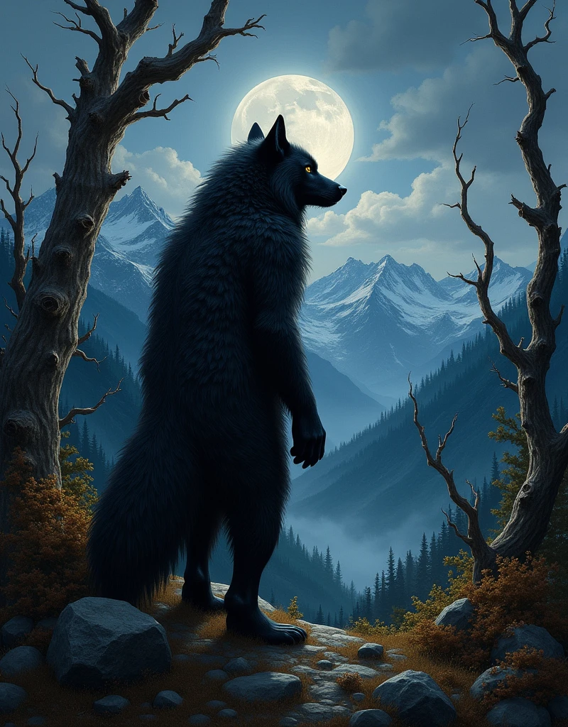 Incorporate the essence of a female model with black fur, exuding an aura of terror. Place it against the majestic backdrop of the Alaska mountains, beneath a full moon night. Surround the bear with dry trees, undergrowth, and intricate details, capturing the essence of wilderness. Emulate the distinctive art styles of renowned artists such as Greg Rutkowski, Daniel Castan, Carne Griffiths, Andreas Lie, Russ Mills, and Leonid Afremov. Set the scene against a black background, creating a visually striking oil painting reminiscent of their works. This composition aims to evoke a powerful and atmospheric portrayal of nature's raw beauty and the untamed spirit of the female model .