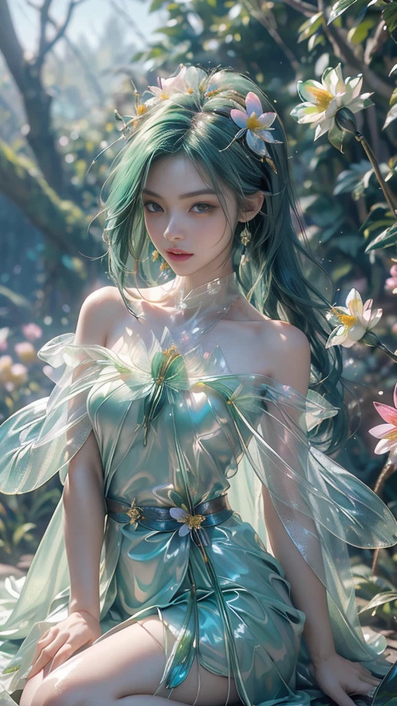 8k, masterpiece, 1 girl, beautiful face, very long hair, light makeup, (glossy skin:1.5), detailed eyes, detailed lips, small bust, short clothing, dragonfly, ((green dragonfly clothing)), ((flowing cape)), light clothing, ((bare shoulder)), (flower falling:1.5), god rays, depth of field, ray tracing,