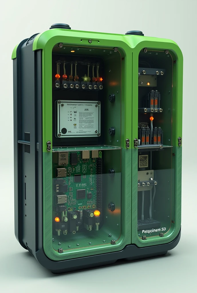 generates an image of a green and black color preference box. Containing two transparent sections. One where pH sensors are displayed, of turbidity, depression, cables y jumpers .And another one where a raspberry pi is shown . The box must be able to protect the materials from being under water. . Add how the box would look closed