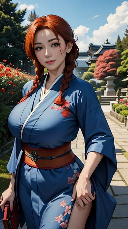 Best quality, masterpiece, extremely detailed, detailed background, detailed eyes,realism,a high resolution,realistic ultra, 1 woman, beautiful eyes, young girl,(beautiful graceful fingers),( correct anatomy:1.6), woman long scarlet hair,Two thick braids,expressive face, traditional clothes(kimono),(big breasts),(neckline),thigh cut,Landscape of Mount Fuji, on open air, sunset, beautiful sky, picnic on the lake, landscape, landscape, horizon, The mountain is next to the mountain, Wind, flower petal, Vesna, looking, Atmospheric lighting, reflection, naturalistic, detail, realism. relaxation, Beauty, Just focus, Close-up, outside, depth of field, hips