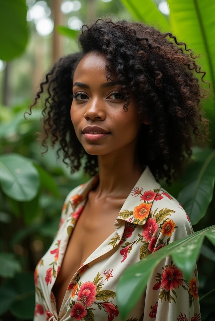 A Brazilian woman in a lush tropical garden, wearing an open shirt with a floral print, with a close-up capturing the harmonious beauty between her breasts and the natural flowers, showing off your natural charm and outgoing personality.