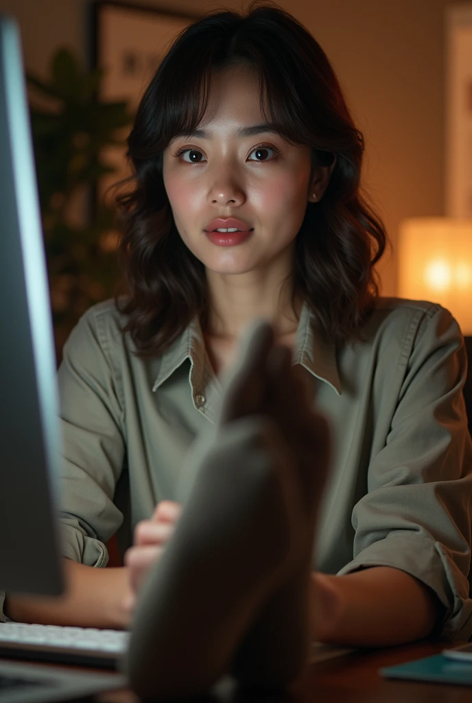 beautiful girl at computer feet close up