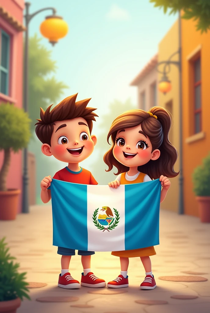 a boy a girl cartoon, cheered up, cute, that they have in their hands a flag of Guatemala