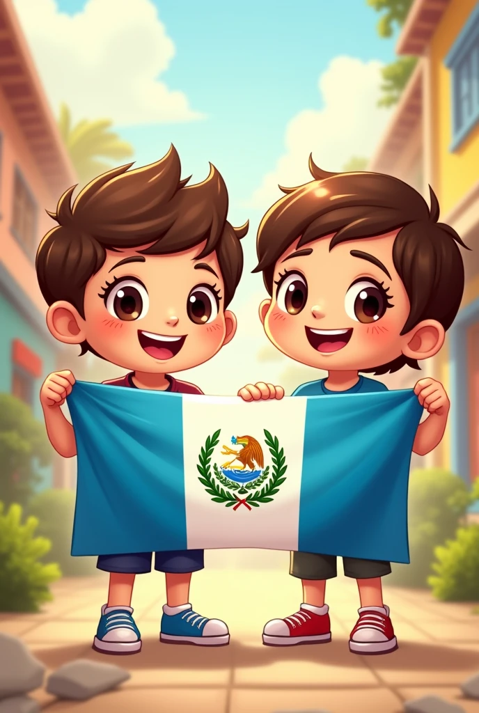 a boy a girl cartoon, cheered up, cute, that they have in their hands a flag of Guatemala