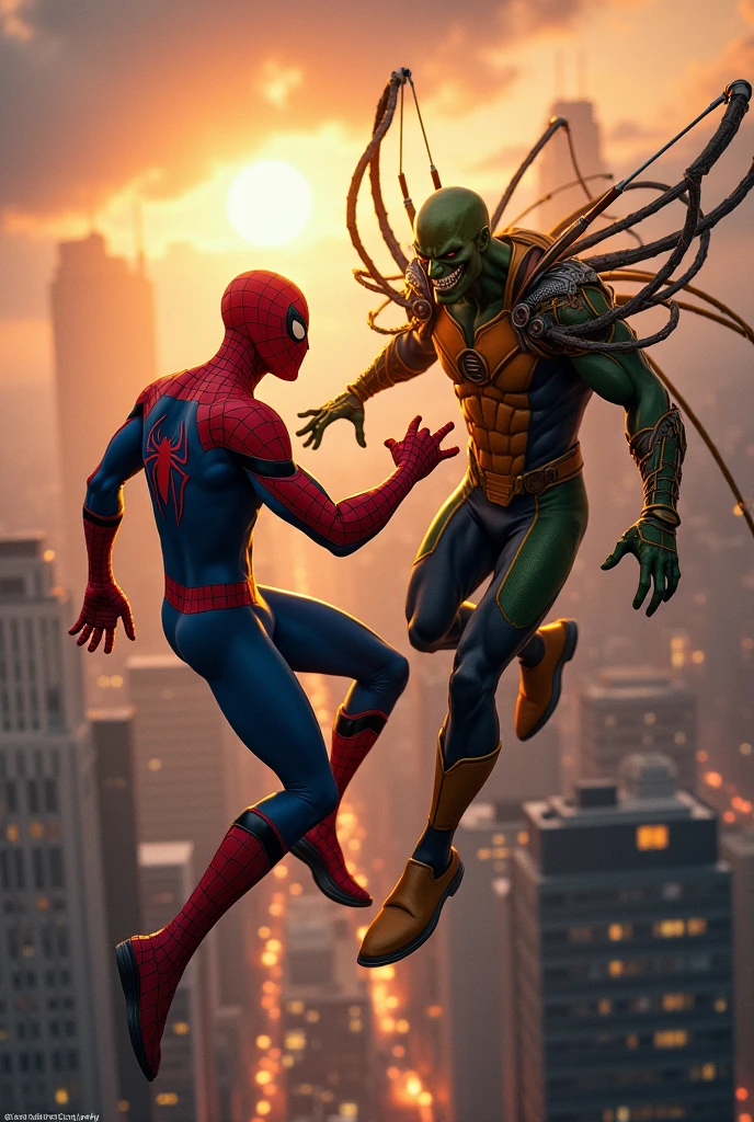Create an image of Spiderman fighting the Orange Goblin on the glider