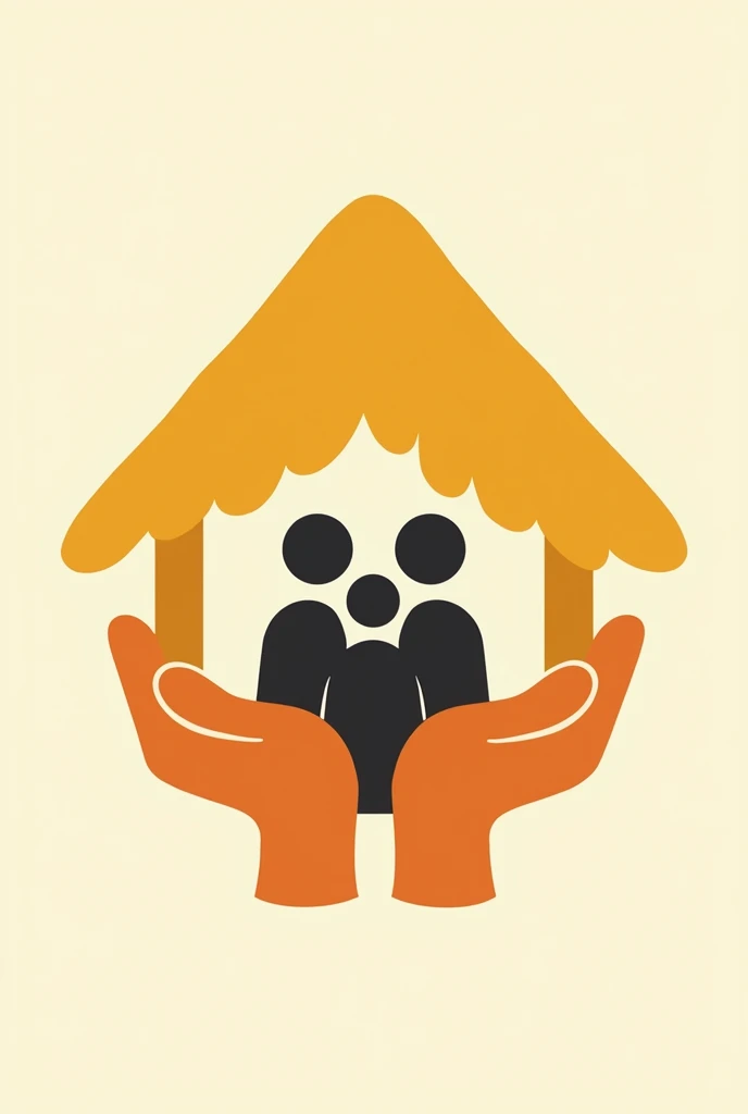 Create a version of the abstract logo that includes a thatched roof hut in orange and yellow colors, housing three stylized human figures in black (representing a family) protected by open hands at the bottom. The figures and hands are simplified and abstract, with soft and minimalist shapes. Add an exclamation mark '!' in a subtle and abstract way, integrating it into the existing design. Use the roof of the hut as the top of the '!', with the hands forming the bottom point, but keep the style abstract so that the exclamation symbol blends fluidly and naturally into the logo. The main colors should remain (yellow, orange and black), with the '!' not being too literal, but rather a creative extension of the original design, maintaining the feeling of protection and welcome