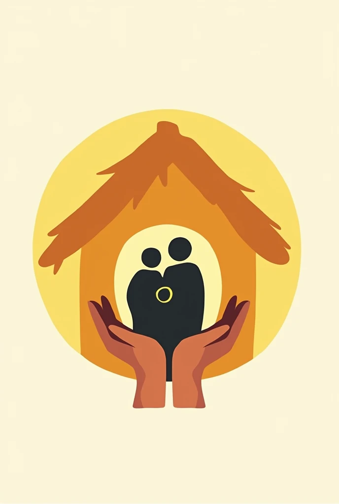 Create a version of the abstract logo that includes a thatched roof hut in orange and yellow colors, housing three stylized human figures in black (representing a family) protected by open hands at the bottom. The figures and hands are simplified and abstract, with soft and minimalist shapes. Add an exclamation mark '!' in a subtle and abstract way, integrating it into the existing design. Use the roof of the hut as the top of the '!', with the hands forming the bottom point, but keep the style abstract so that the exclamation symbol blends fluidly and naturally into the logo. The main colors should remain (yellow, orange and black), with the '!' not being too literal, but rather a creative extension of the original design, maintaining the feeling of protection and welcome