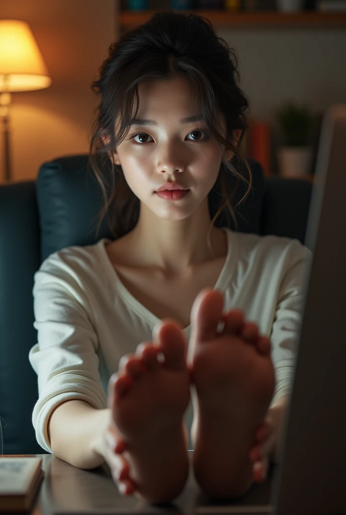beautiful girl at computer feet close up