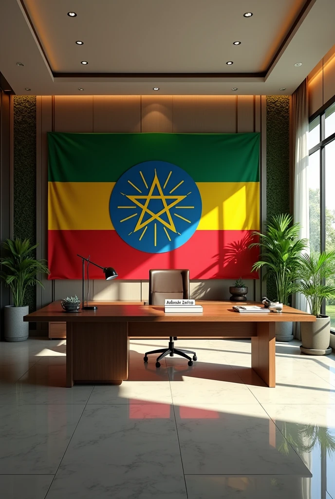 Office of prime minster of ethiopia.make it modernize ,lighty,green area,and little bit islamic and add flag of ethiopia in moody way.and put on the table name "abdusebur zekeriya