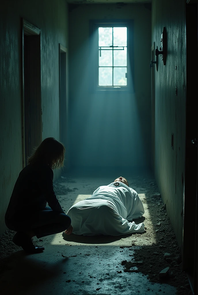 Environment: Factory interior, second floor with dim lights and deep shadows. Visual Details: Empty and gloomy corridors, with broken windows letting in natural light. Victim's body covered by a white sheet. Floor covered in debris and a piece of broken glass near the body. Clara: Crouching down next to the body, examining the symbol on the victim's neck.