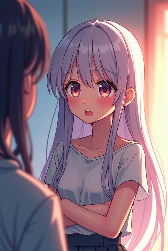 Anime girl with arms crossed talking to someone from the front