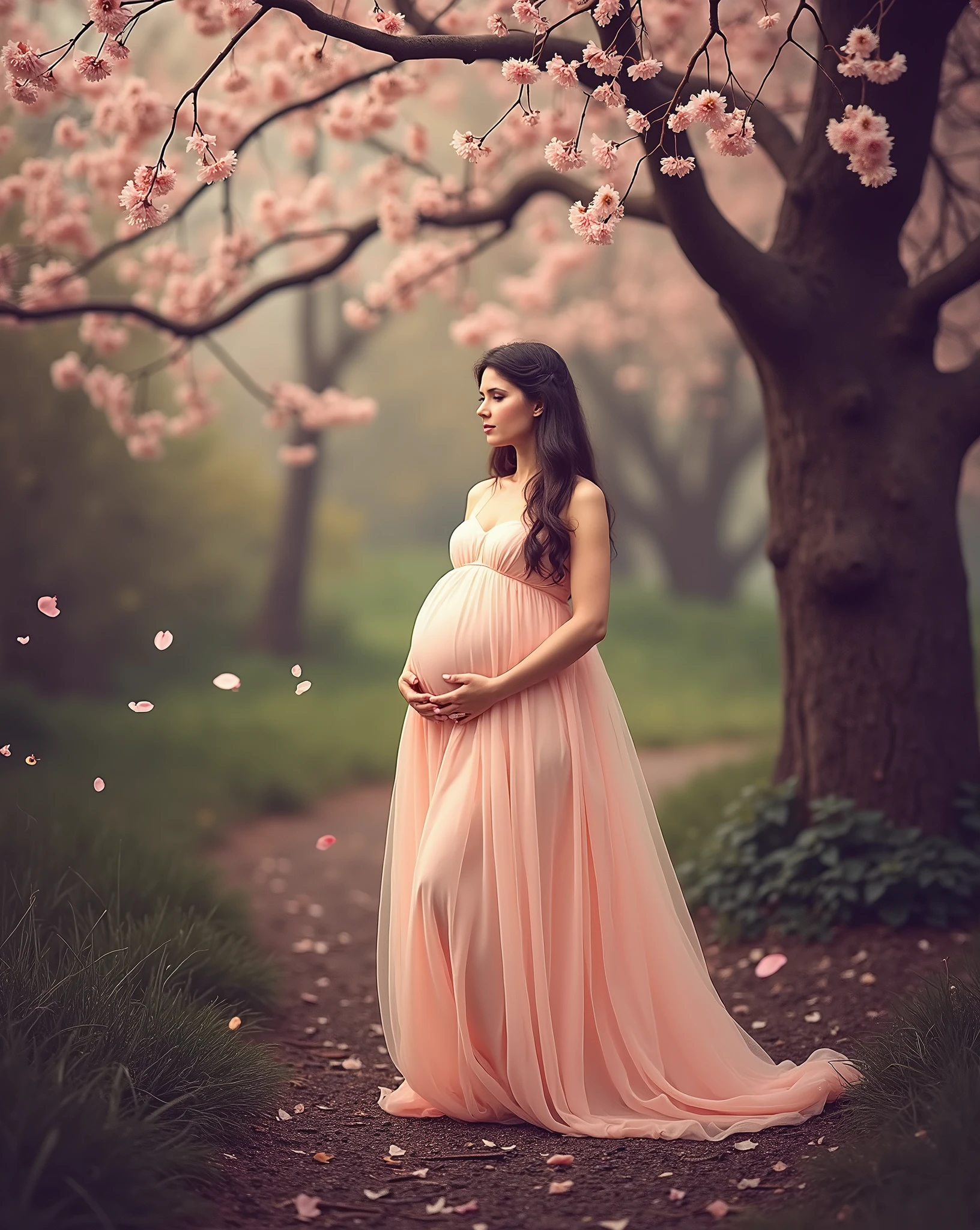 pregnant woman in a peach dress standing under a tree with pink flowers, a picture by Kurt Roesch, shutterstock, romanticism, photo of a beautiful, delicate soft hazy lighting, maternal photography 4 k, in shades of peach, persephone in spring, in pink forest, ethereal beauty, dressed in a pink dress, goddess of spring, spring season, lovely bohemian princess