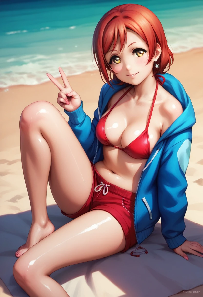 Hoshizora rin love live, realistic anime style, blue hoodie, open hoodie,bikini top,red shorts, beach, knee bent, ultra detailed ,v, smooth shiny skin,thick skin