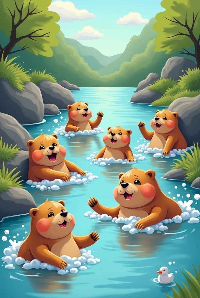 a group of 2d drawn marmots taking a bath in a river