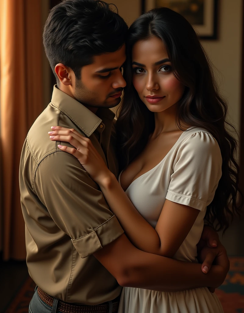 closeup, realistic, uhd image, rich indian brother and fair indian sister come back from convent school and have secret affair, cleavage seen, brother squeezing sister's boobs, boob squeeze, brother hugging from behind, sister facing camera, secret relationship, brother wearing school uniform, sister wearing school uniform, school uniform, inside indian home