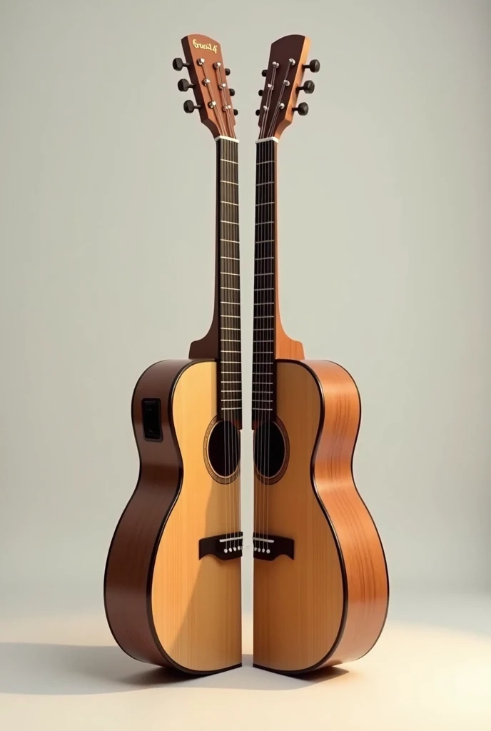 create the image of a folk guitar, standing, divided in half.