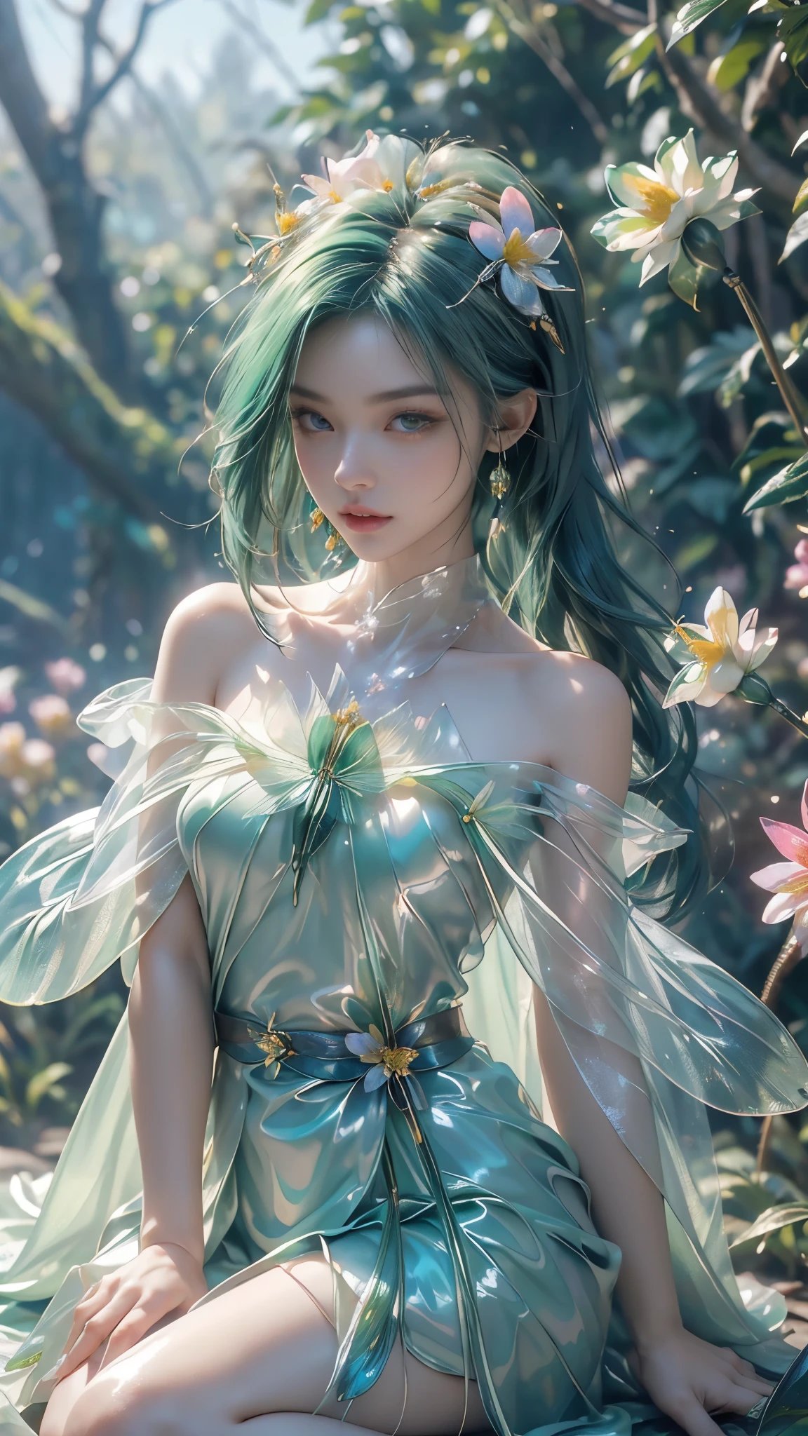 8k, masterpiece, 1 girl, beautiful face, very long hair, light makeup, (glossy skin:1.5), detailed eyes, detailed lips, small bust, short clothing, dragonfly, ((green dragonfly clothing)), ((flowing cape)), light clothing, ((bare shoulder)), (flower falling:1.5), god rays, depth of field, ray tracing,