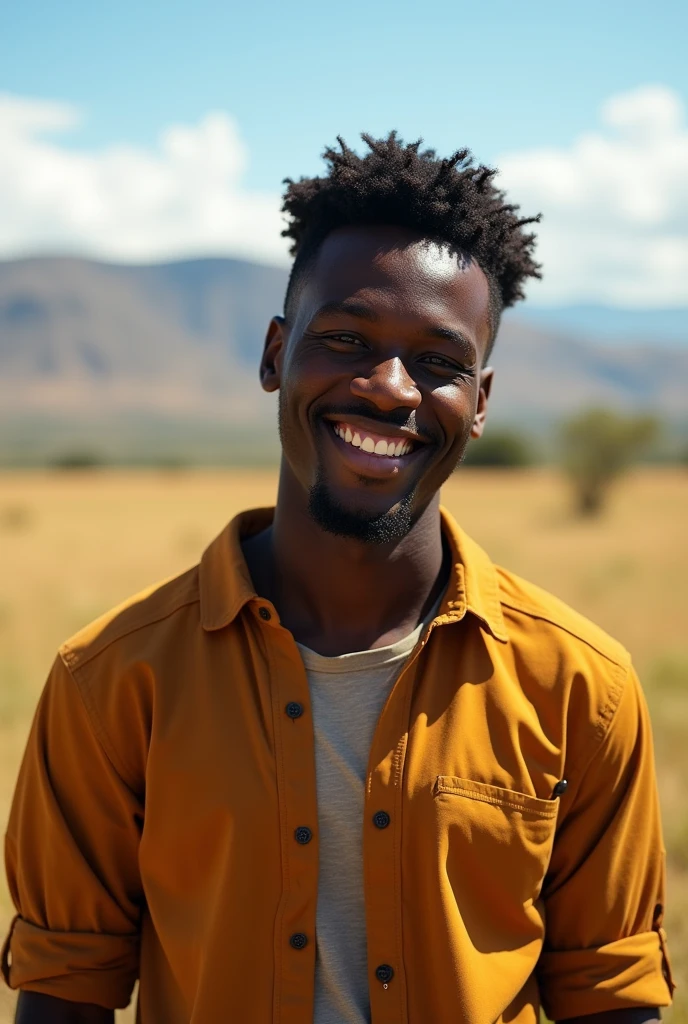 photography realistic, african young man, savana ultra hd, smile