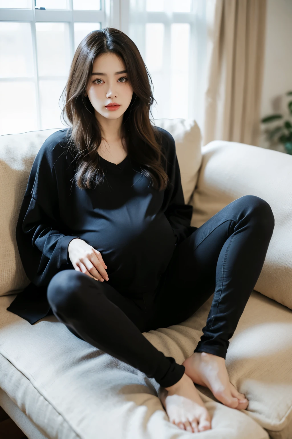 最high quality, 8k, Masseter region, Vibrant, Sharp focus, high quality, High resolution, alone, Middle-aged women, Beautiful woman, 3, whole body, Wear slippers, Highly detailed face, Highly detailed eyes, Thick lips, ((Looking at the audience)), Plump figure, Sit on the sofa in the room、(Wear a long sleeved T-shirt and black skinny jeans)Beautifully styled hair, Open-necked clothing Brightly colored patterned dresses, afternoon、(Pregnant women)妊娠をhide女性((hide)) Early pregnancy
