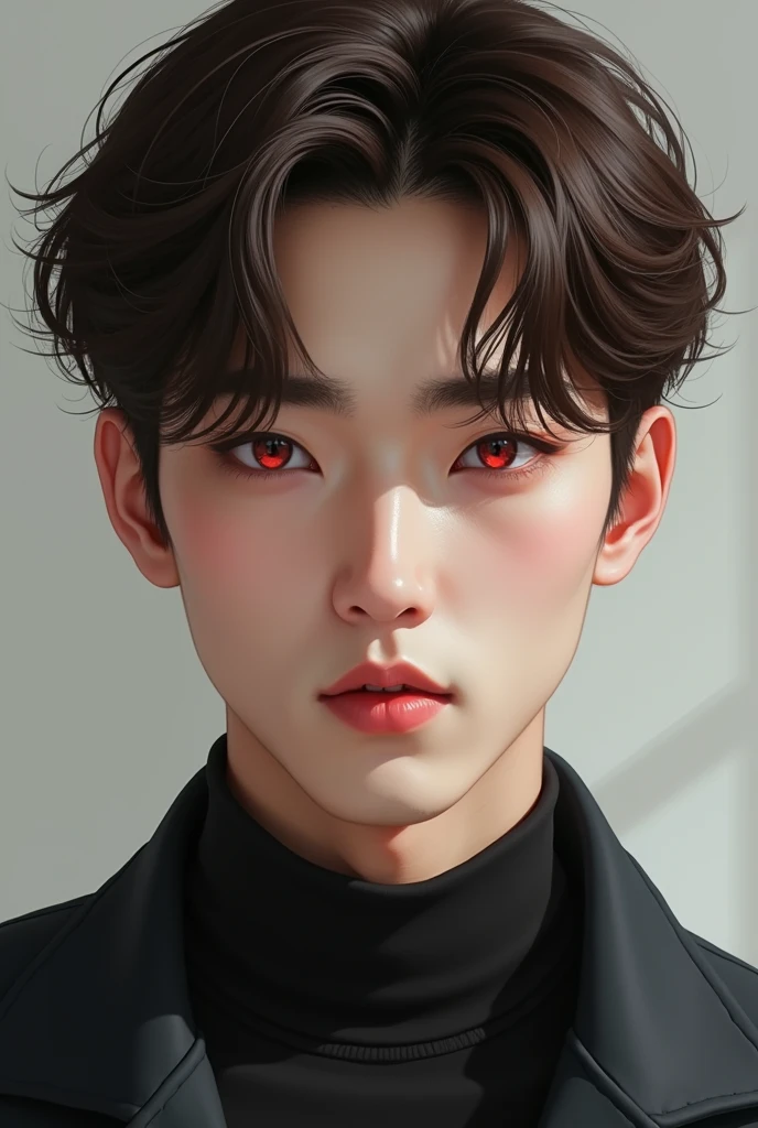 Korean man, brown hair, brown hair swept back, back swept hair, short to medium length hair, red eyes, straight eyebrows