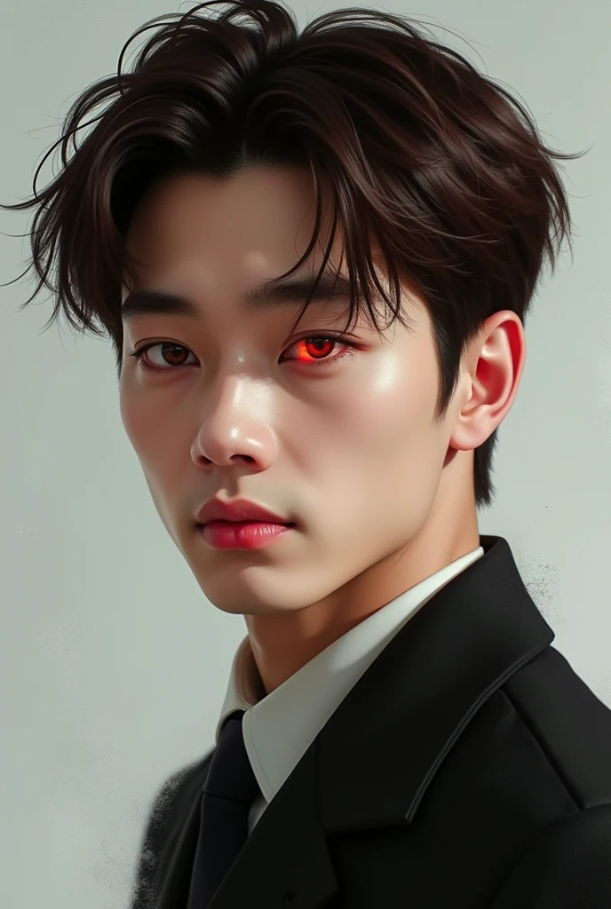 Korean man, brown hair, brown hair swept back, back swept hair, short to medium length hair, red eyes, straight eyebrows 