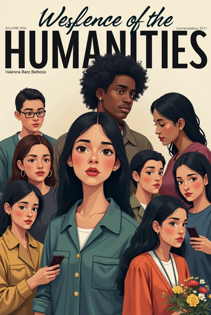 Make a magazine cover that reflects the world of humanities, with images of people helping or photography, with neutral tones, Say the name of the author, It is Valentina Baez Barboza, realist
