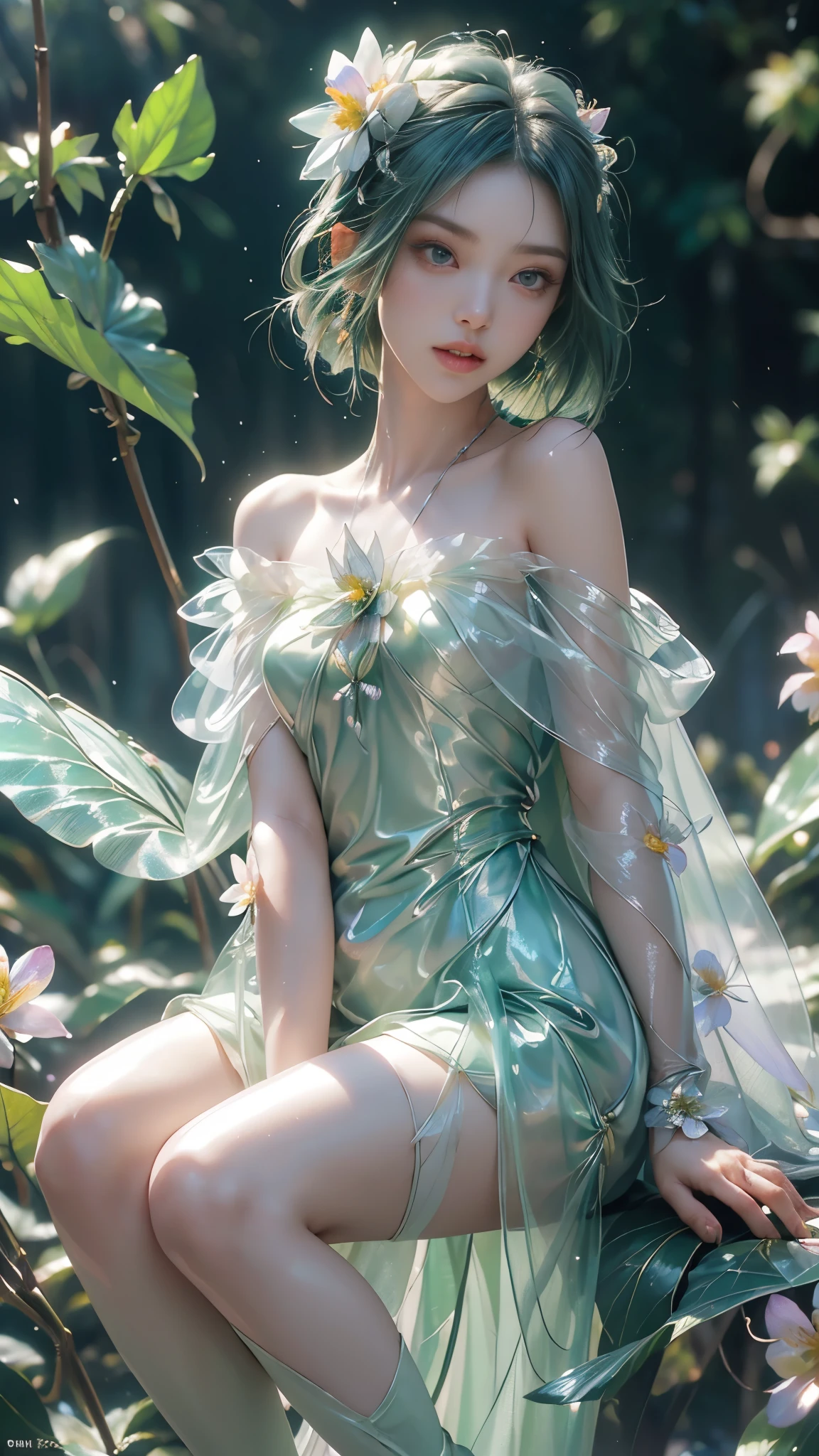8k, masterpiece, 1 girl, beautiful face, very long hair, light makeup, (glossy skin:1.5), detailed eyes, detailed lips, small bust, short clothing, dragonfly, ((green dragonfly clothing)), ((flowing cape)), light clothing, ((bare shoulder)), (flower falling:1.5), god rays, depth of field, ray tracing,