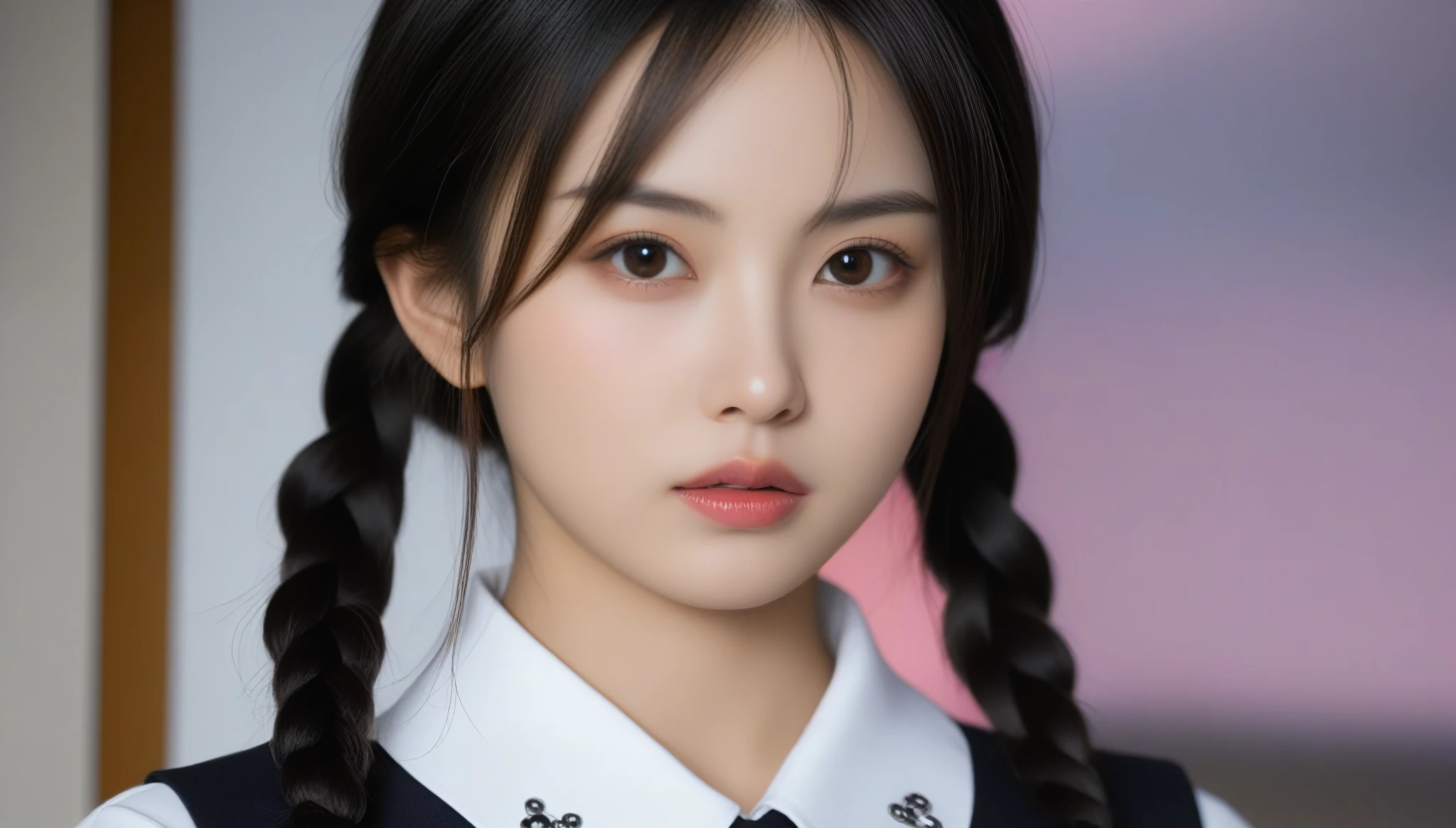 8k, Ultra-high resolution, Highest quality, masterpiece, 三分割法によるphotograph,Surreal, photograph,One Woman, (:1.3), cute, cute顔, 細部までBeautiful Eyes, 細かくdetailedに,masterpiece,One Girl:1.2,Japanese women,kindergarten,close up,glaring,Black hair,braid,(twin braids:1.0),ID photo,(kindergarten uniforms:1.3),Eccentric,Future City,white collar,((Fusion of fashion and gothic)),(Beautiful attention to detail),Subtle details, detailedな顔,anger,Attractive eyes,(ポートレートphotograph:1.4),(Photorealistic images:1.4),Fantasy art,(Beautiful Face:1.4),美しくAttractive eyes、Beautiful Eyes,Silver residue,(Tight waist:1.4)、(Beautiful with perfect body proportions:1.4),Pink Lips,profile,(((Ideal body type))),A-cup small breasts :2,、Portraiture:2、Perfect Anatomy、鮮明なdetailed、detailed,Fashion magazine cover,Thin lips,完璧でBeautiful Face ,完璧でcute顔, Skin with attention to detail, Perfect limbs、Narrow waist,Surreal,Light and shadow,spotlight