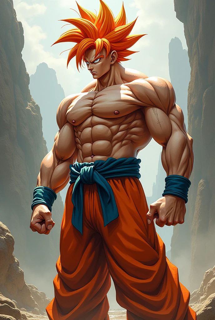 Personnage Dragon Ball , grand de taille, musclé , torse nue , pantalon déchiré, Cheveux orange , coupe hérisson , peau noire