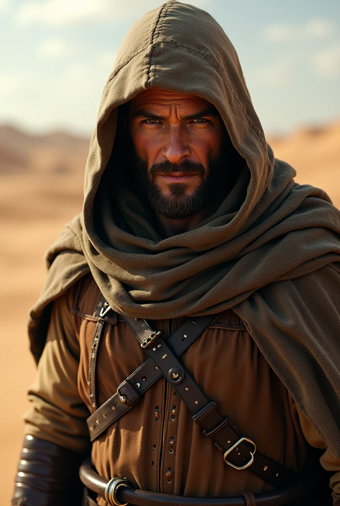 Only face medivil deseert hunter guy in hood no beard
