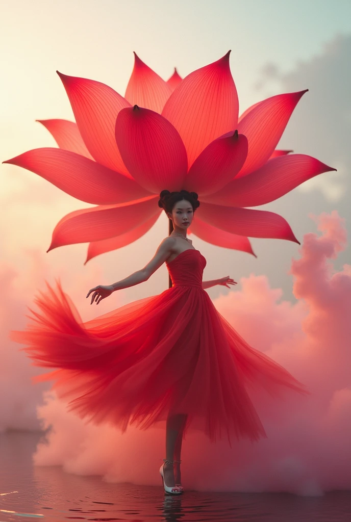  rainbow background from fog around and at feet,   minimalist, elegant, pure gentle, soft light, photorealistic. Giant Red Lotus ,  with huge and long petals. (petal made of thin and soft tulle, flowing petals full background, floating petals, hyperflying petals, at the feet A mixture of rainbow smoke and fog effects from colored fog on the ground and petals). Extravagant, beautiful woman full length, nice legs,shoes, in a fast dance pose, (Ultra detailed face, hyperrealistic) позирую  Giant Red Lotus ,  center of red bright rose in photo, woman looking at viewer, permission 8k, masterpiece, top quality, the skirt flutters strongly in the wind,