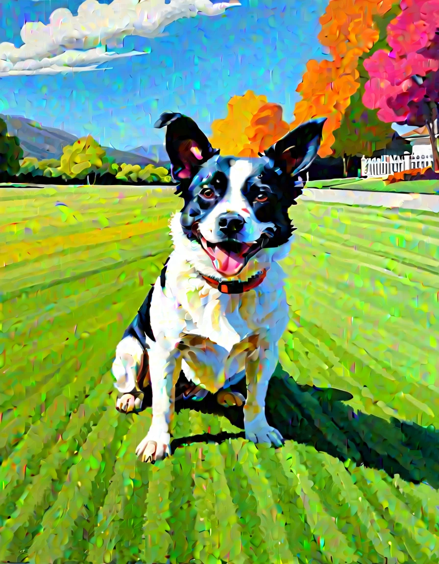 Masterpiece, best composition, dynamic composition, colorful landscape painting, dog on lawn.