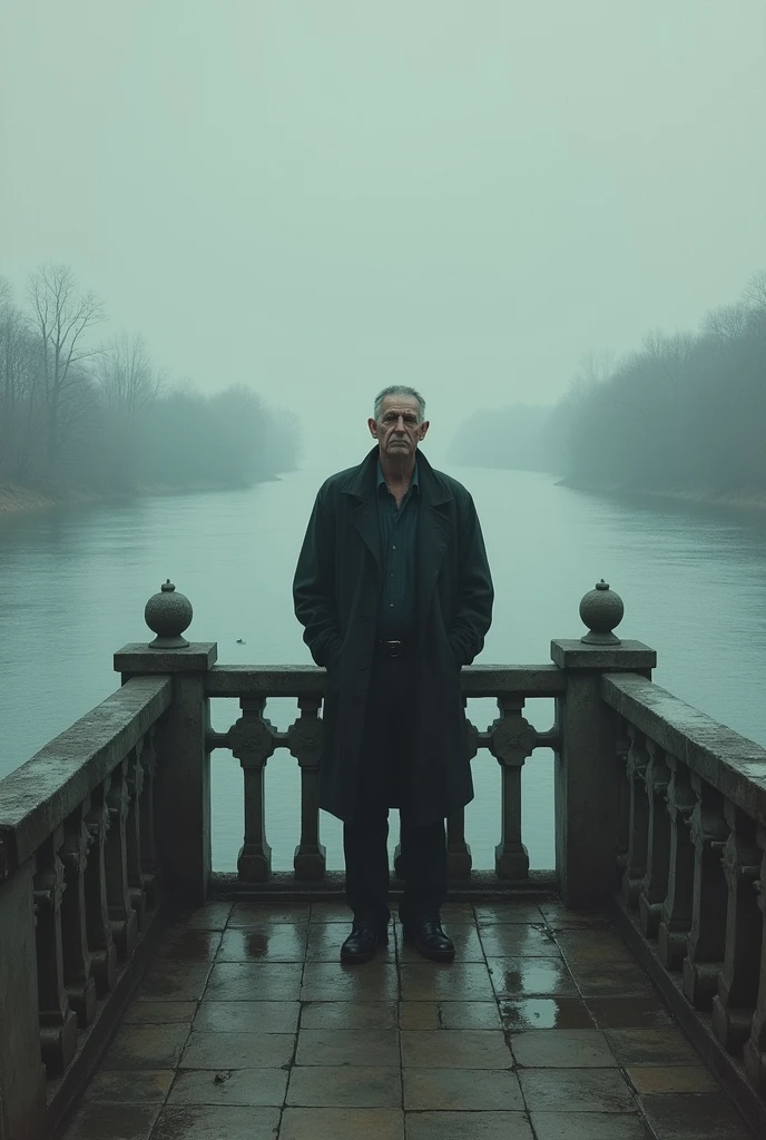UN HOMME TRISTE QUI EST SUR UN PONT OU IL Y A BEAUCOUP D’EAU