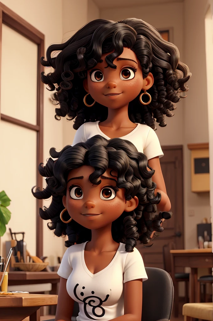 A beautiful and amazing black brazileiro woman，full - length portrait, white v-neck t-shirt, sitting down on chair, breasts big, Free curls, Black Crespo hair, (dark shorter Crespo hair), Wild black long Crespo hair, multiversal hair, brazileiro, Short black Crespo hair, curly black hair, curls, wavy hair spread out, curls barrocos, curls, Crespo, Fair Crespo hair, Hair Texture, Crespo bang, black woman