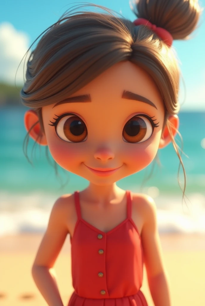 Une jeune fille avec des cheveux lisse et chataing clair, un haut court jaune et un short noir a trop chaud car elle est en Espagne avec sa famille