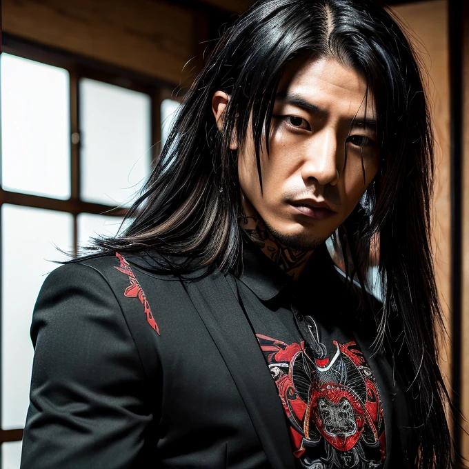 1 man, Japanese man, male, Asian eyes, muscular, broad shoulders, yakuza tattoos, hairstyle Visual Kei style, hair Visual Kei, black men's shirt and black pants, ultra detailed face, hyperrealistic, realistic representation, long hair, long hair, 30 years old, age 30 years, blonde hair